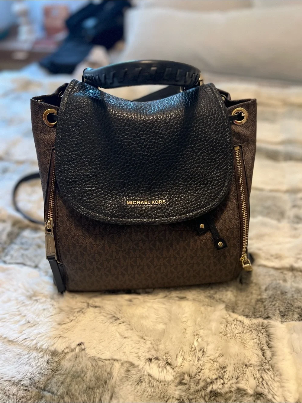 Michael Kors Brown Signature MK Canvas Backpack with Black Leather Flap